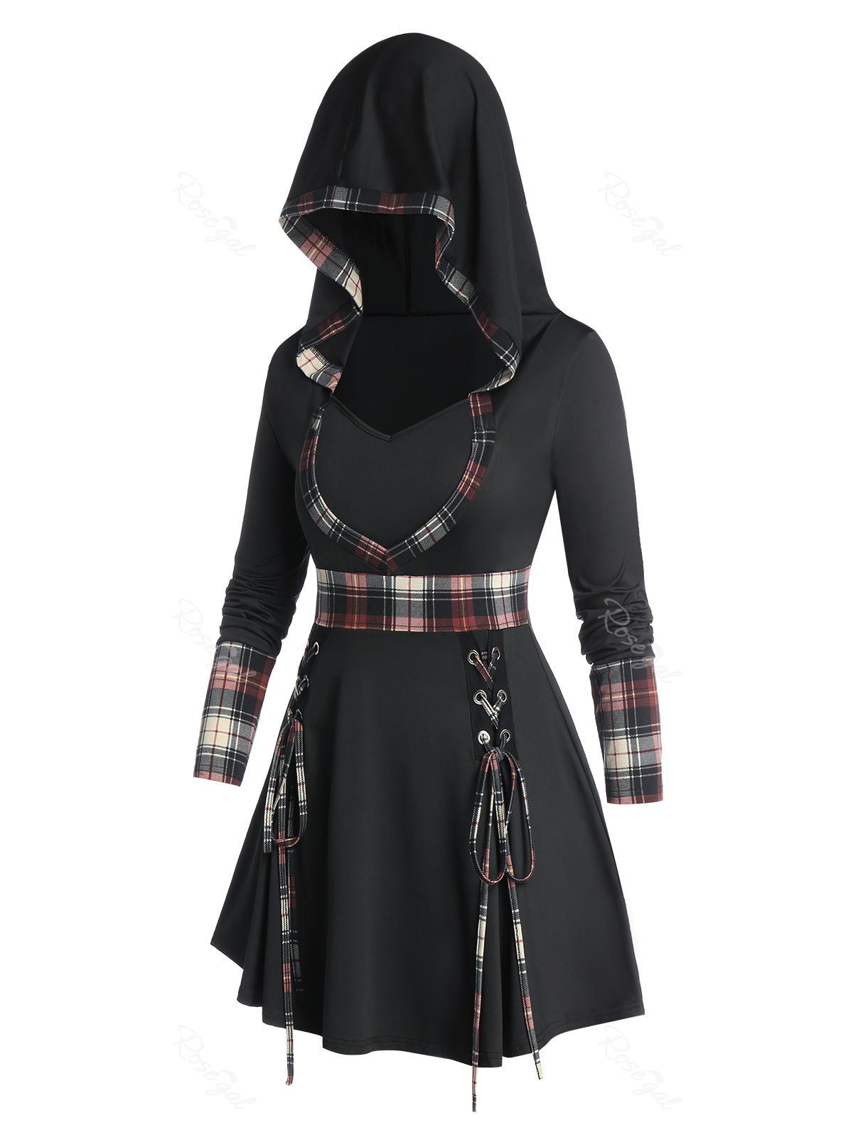 

Plus Size Plaid Lace-up Hooded Skirted Tunic Tee, Black