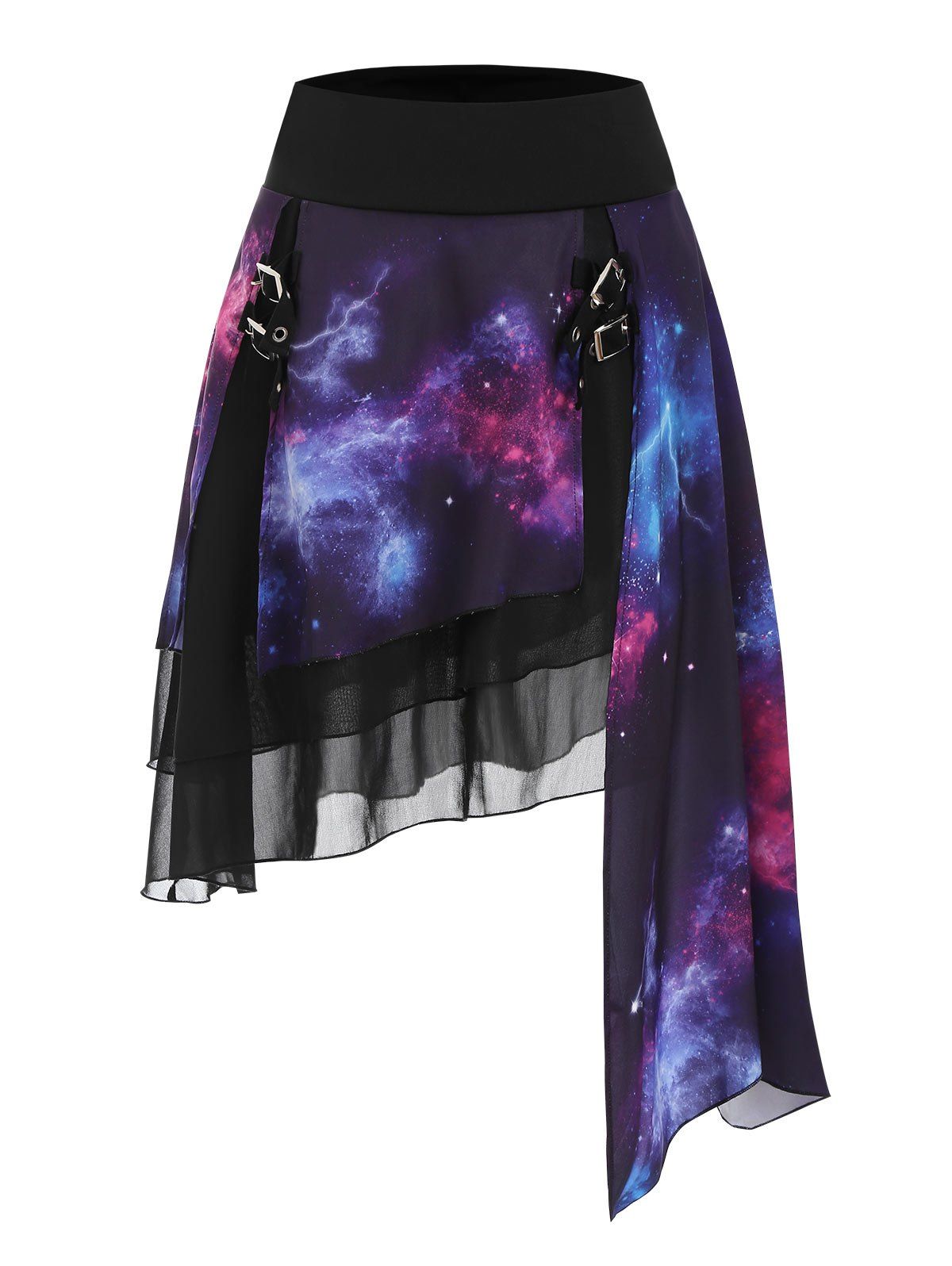 Buckle Galaxy Print Layered Asymmetrical Skirt, Multi