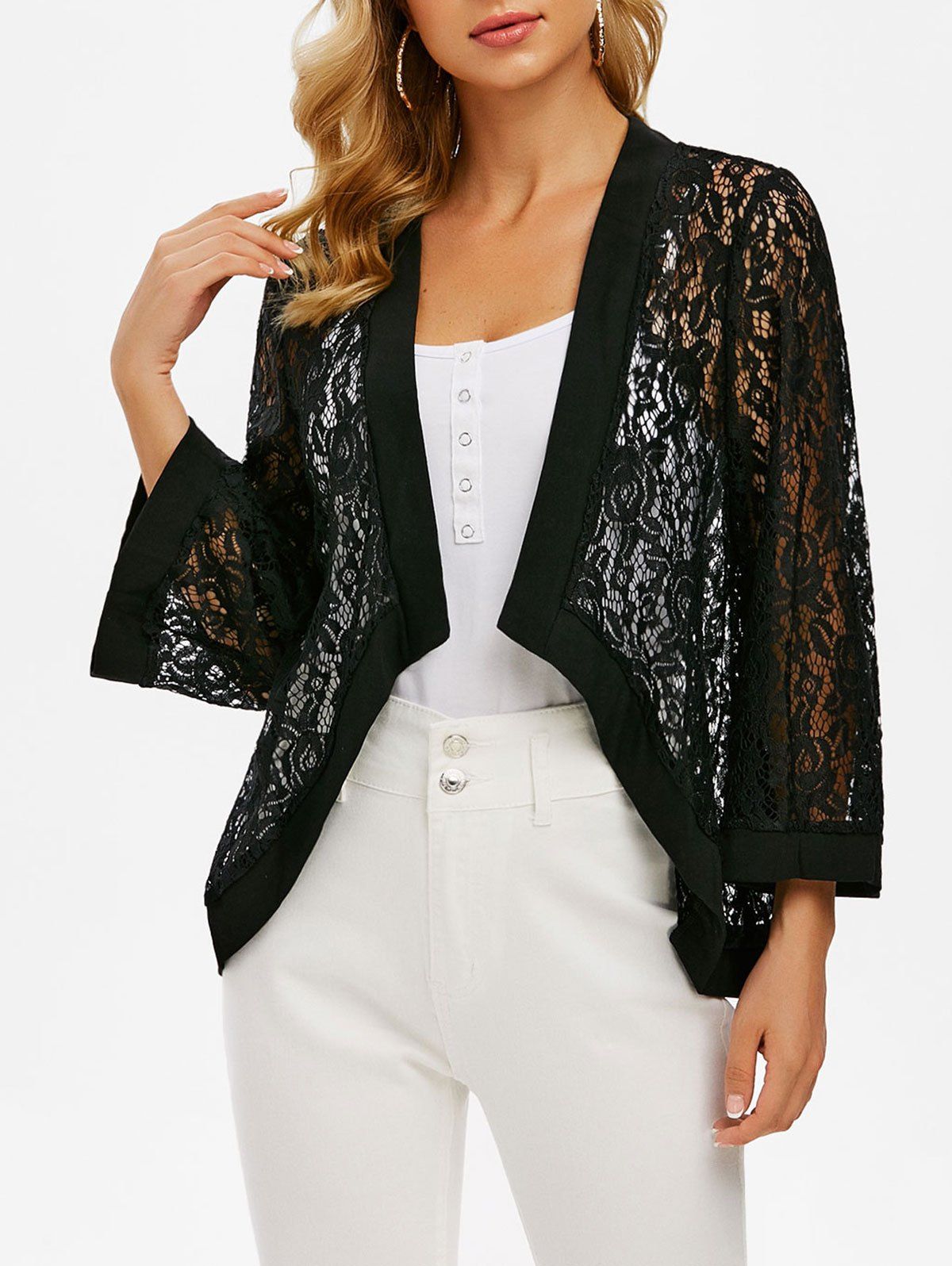 

Flower Lace Open Front Plain Cardigan, Black