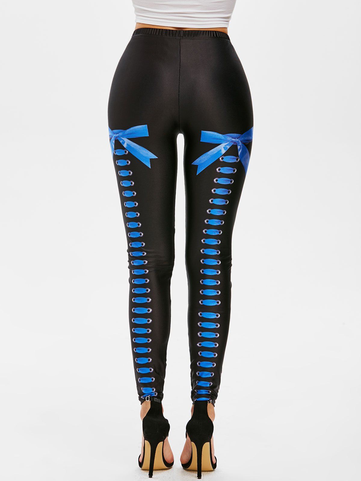 

Bowknot Lace-up Print High Rise Leggings, Blue