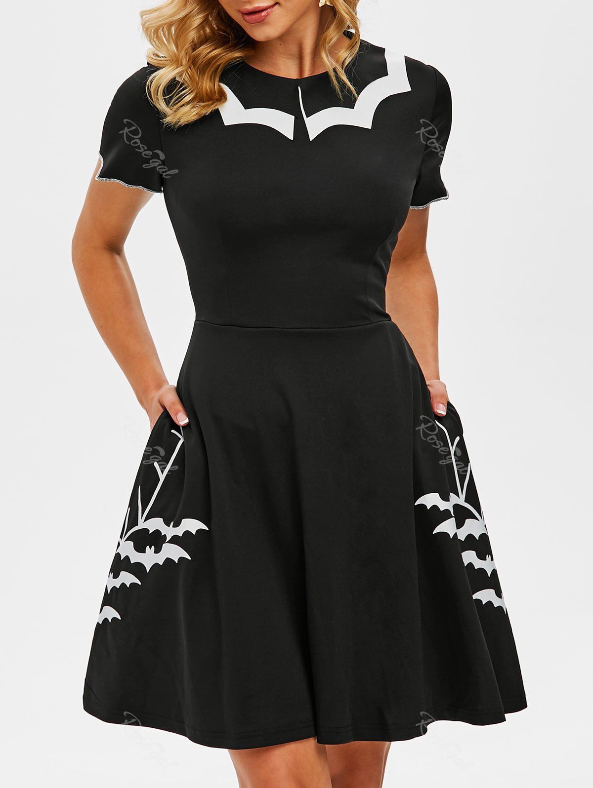

Flat Collar Halloween Bat Print Side Pocket Dress, Black