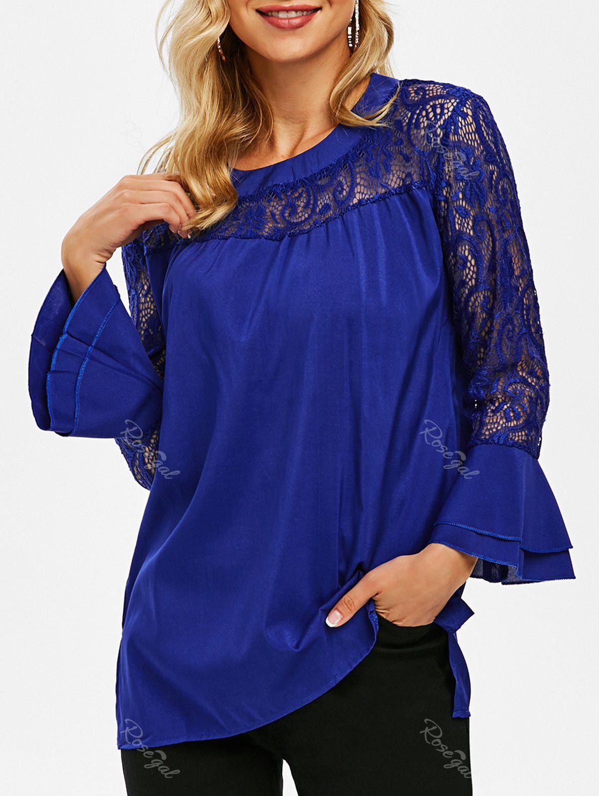 New Lace Panel Layered Flare Sleeve Blouse  
