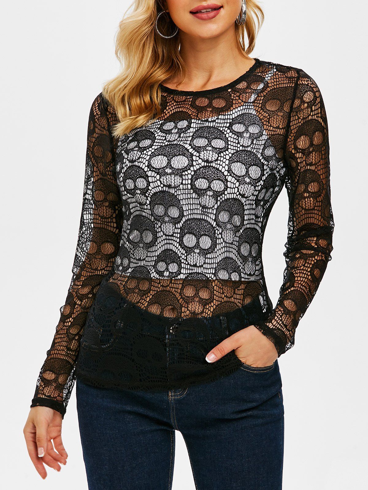 

Halloween Skull Pattern See Through Lace Top, Black