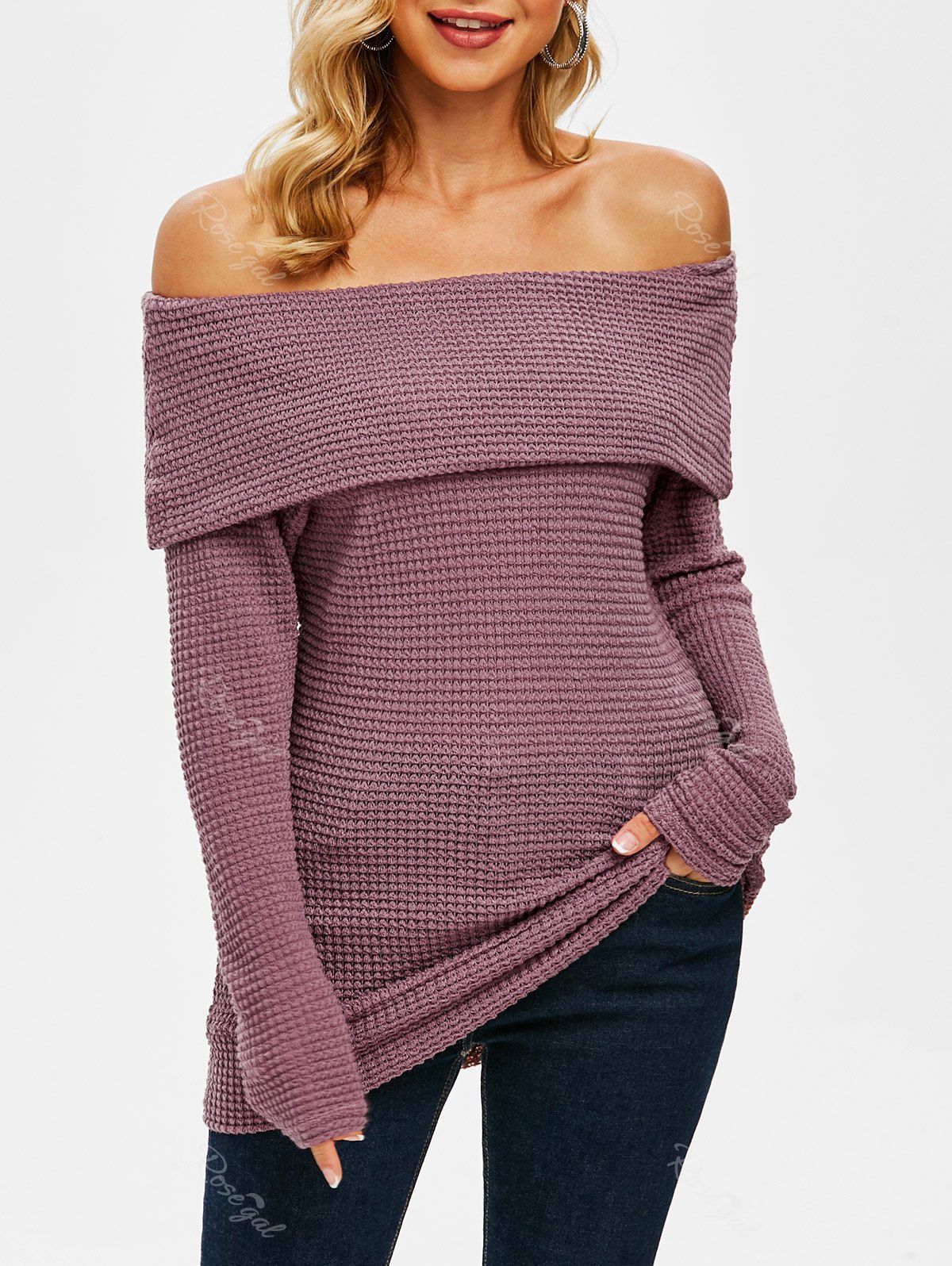 Cheap Off Shoulder Foldover Knitted Sweater  