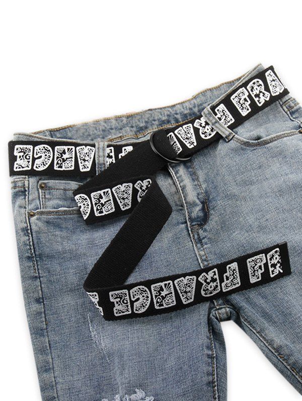 

Letter Pattern Canvas Double Rings Buckle Belt, Black