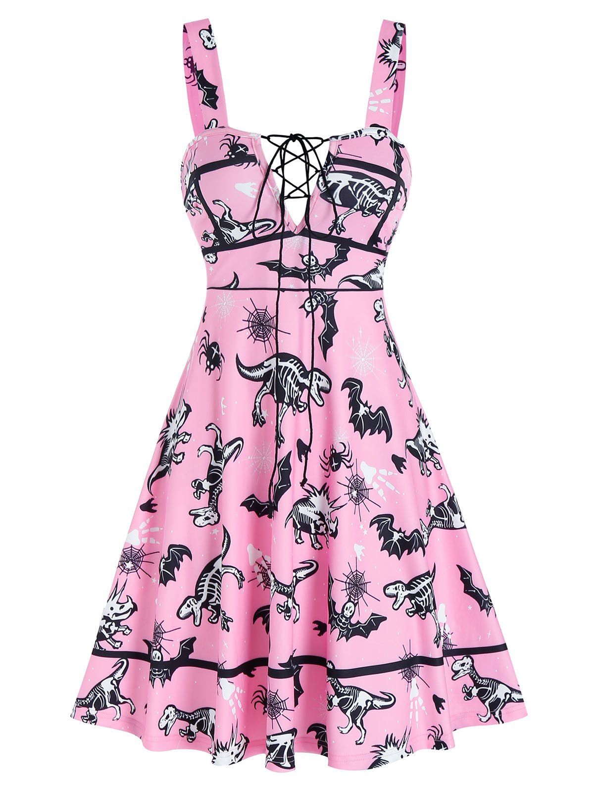

Halloween Animal Skeleton Print Sleeveless Lace-up Dress, Pink