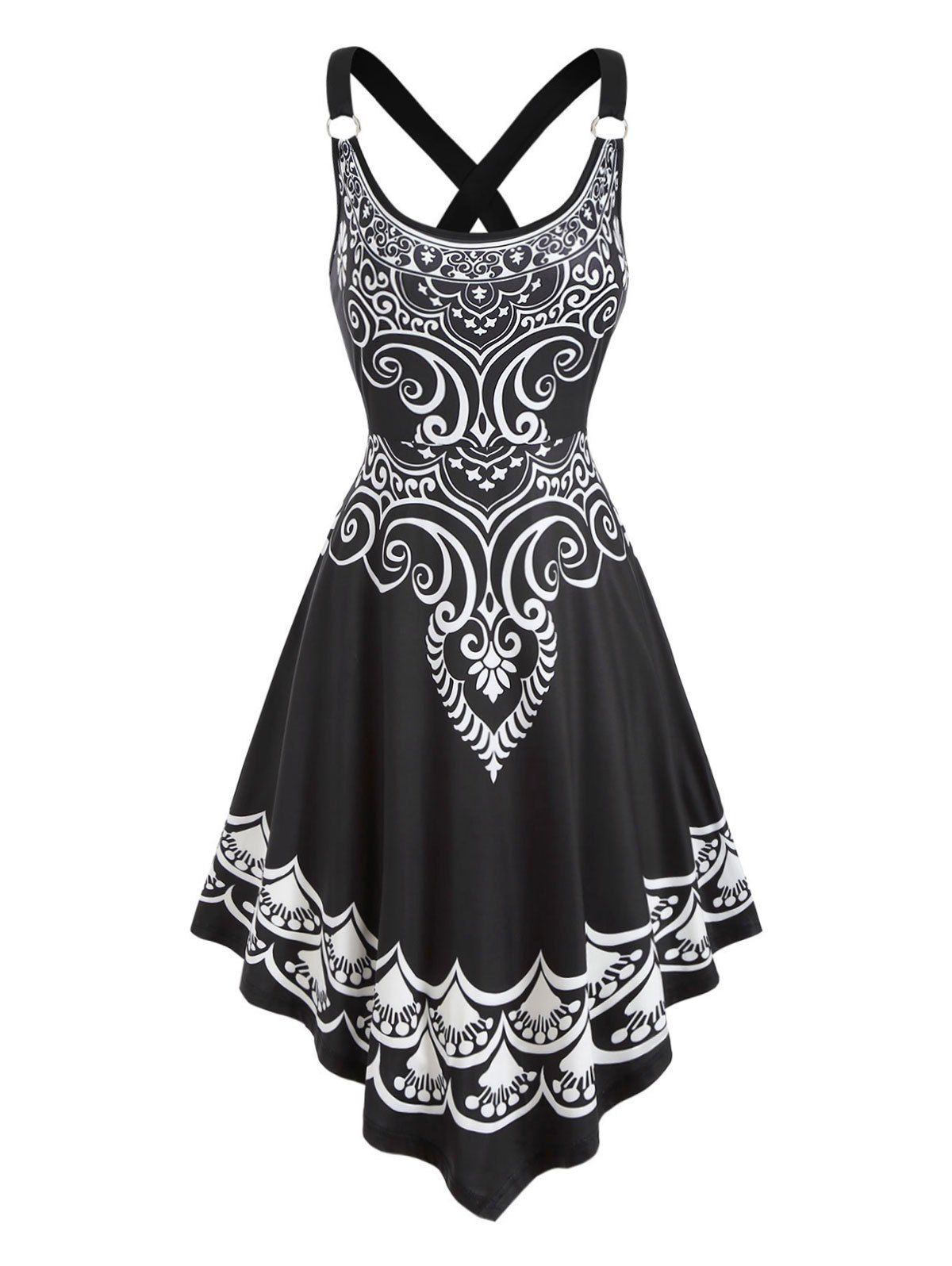 

O-ring Printed Asymmetrical Cami Dress, Black