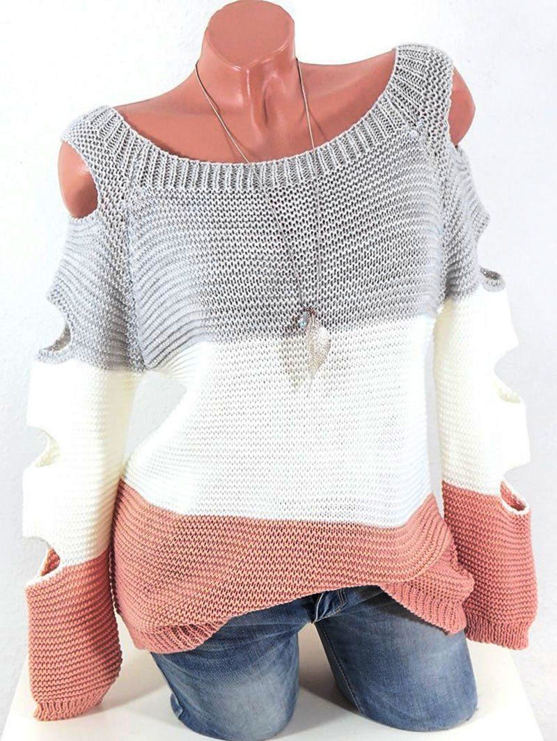 

Cutout Raglan Sleeve Colorblock Jumper Sweater, Light gray