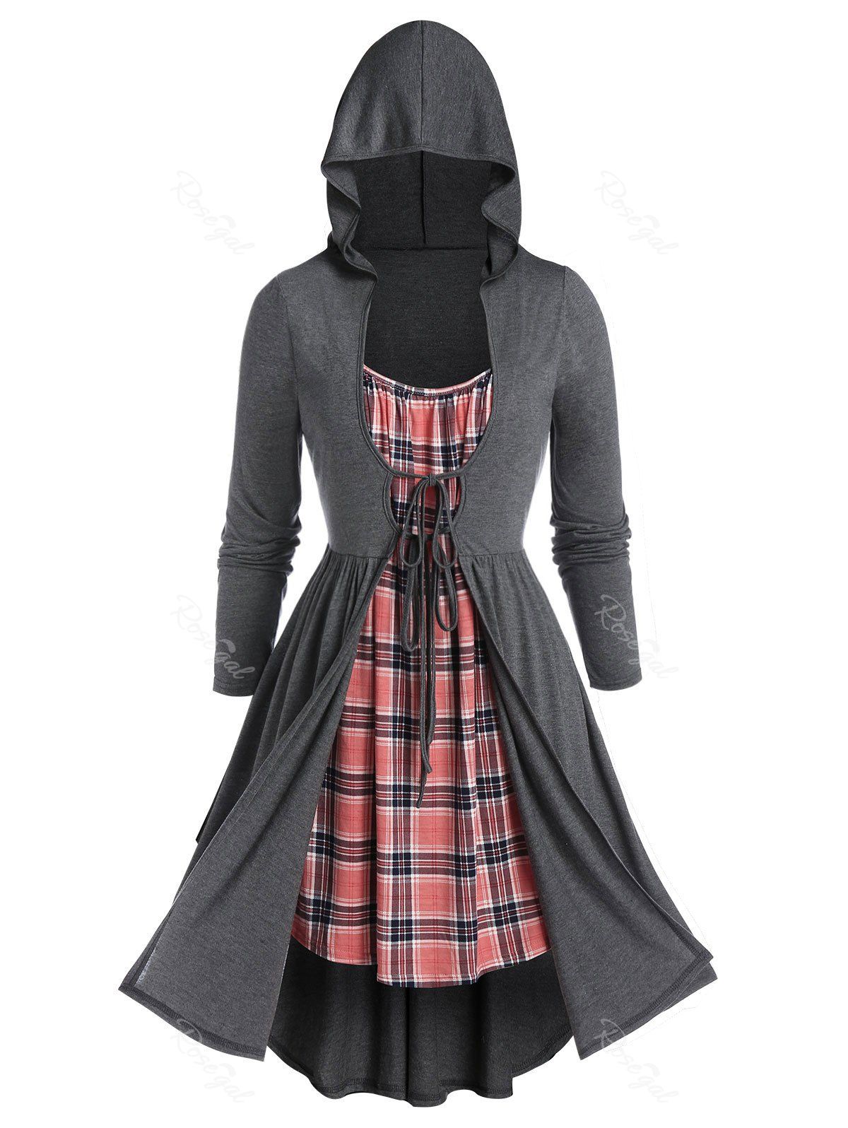 

Plus Size Plaid Hooded 2 In 1 Tie Overlap Dress, Carbon gray