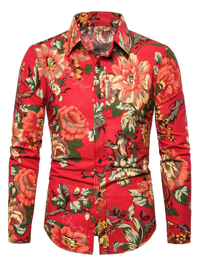 

Casual Peony Flower Print Button Up Shirt, Ruby red