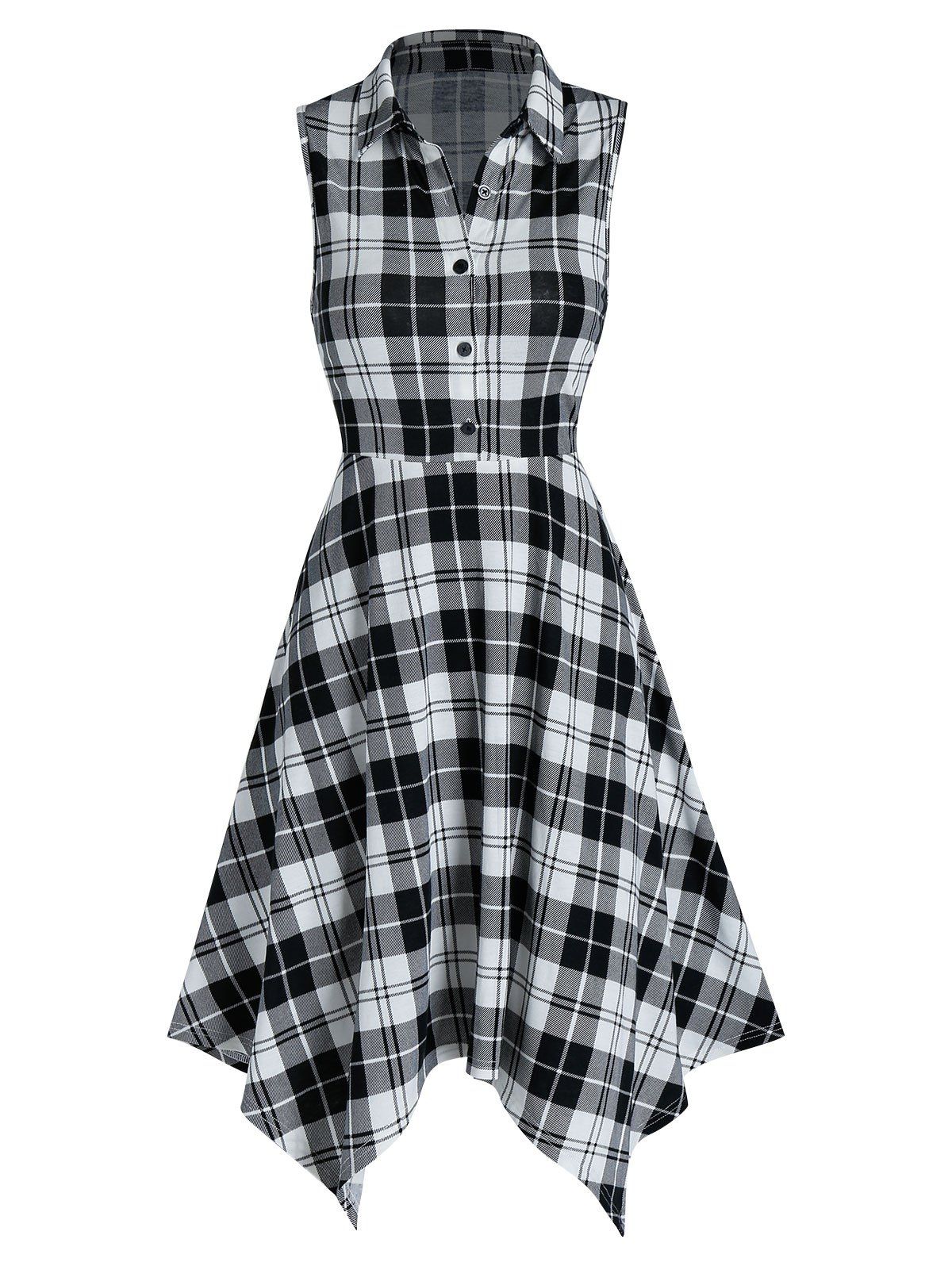 

Plaid Pattern Button Sleeveless Shirt Dress, Black