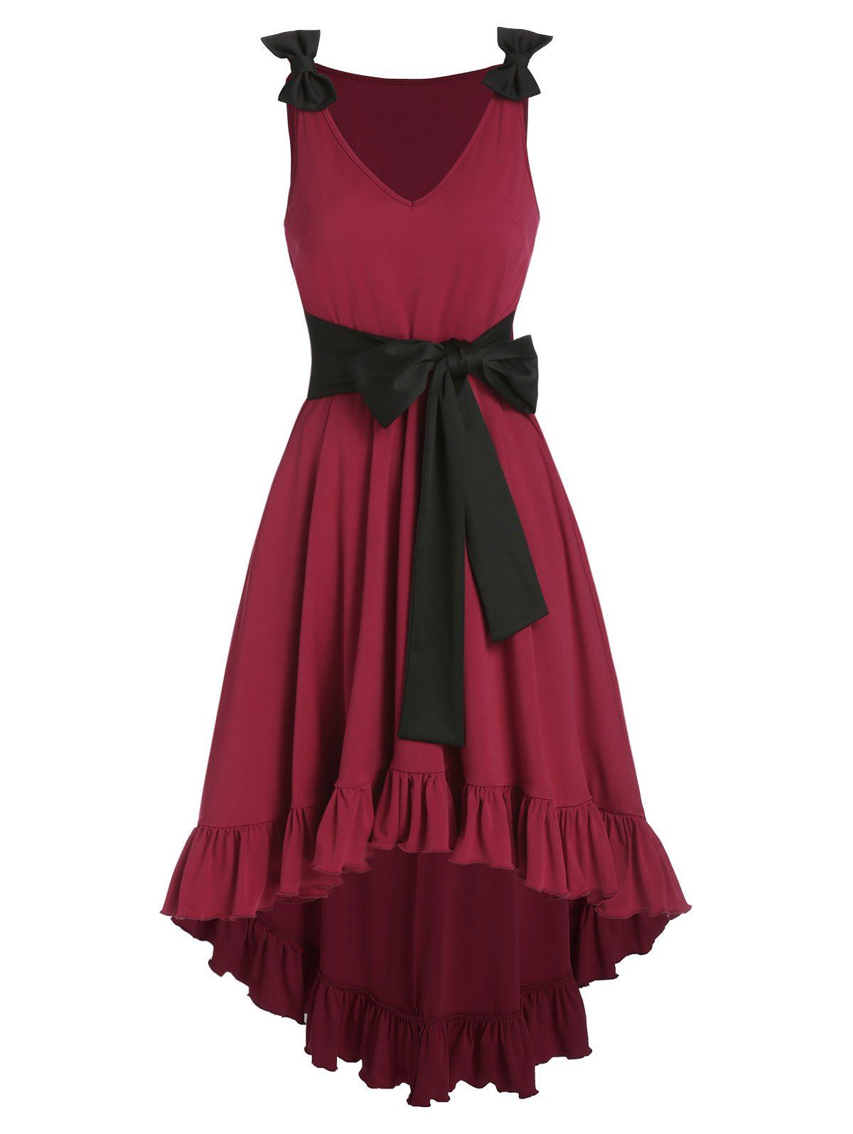 

Bowknot Ruffle High Low A Line Dress, Red wine