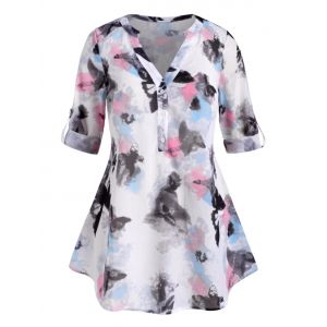 

Button Front Abstract Butterfly Print Plus Size Top, White