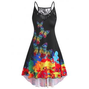 

Lace Panel High Low Tie Dye Butterfly Plus Size Dress, Black