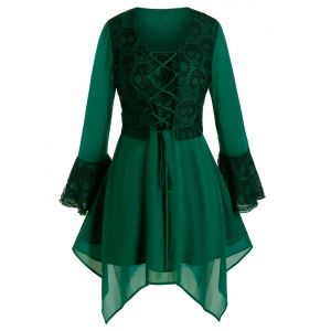 

Plus Size Lace Skull Lace-up Handkerchief Chiffon Ruffle Cuff Top, Deep green