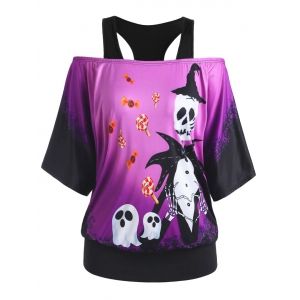 

Cold Shoulder Skull Ghost Candy Print Halloween Plus Size Top, Purple