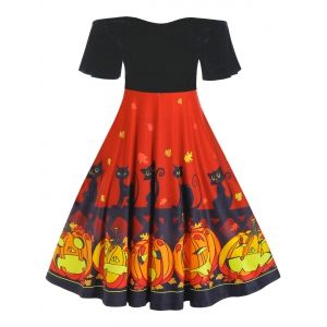 

Plus Size Pumpkin Cat Print Velour Flutter Sleeve Dress, Black