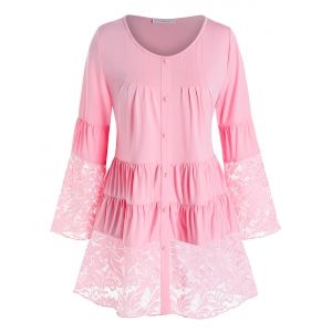 

Plus Size Lace Panel Tiered Ruched Flare Sleeve Blouse, Light pink