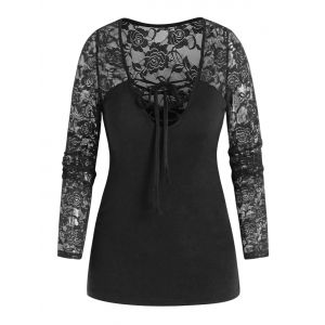 

Long Sleeve Flower Lace Insert Lace-up T-shirt, Black