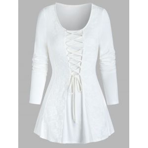 

Flower Lace Panel Lace-up Front T-shirt, White