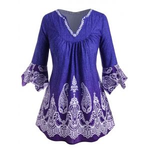 

V-notched Flare Sleeve Paisley Printed Plus Size Blouse, Blue