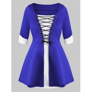 

Contrast Lace Up Cuffed Sleeve Plus Size Top, Blue