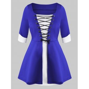 

Contrast Lace Up Cuffed Sleeve Plus Size Top, Blue