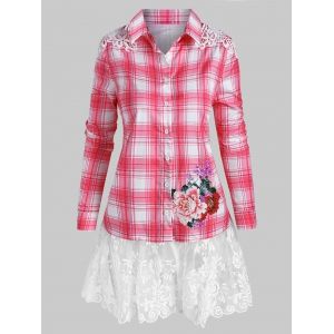 

Plus Size Embroidery Lace Panel Plaid Blouse, Light pink