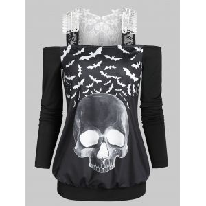 

Skull Bat Print Cold Shoulder Two Piece T Shirt, Black