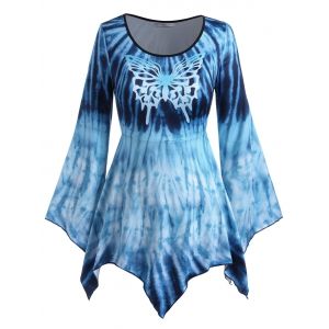 

Handkerchief Tie Dye Butterfly Plus Size Top, Blue