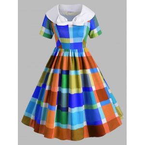 

Colorful Plaid Bowknot Collar Plus Size Vintage Dress, Blue
