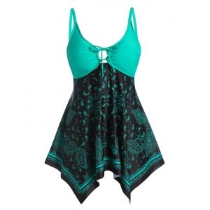 

Plus Size Paisley Print Handkerchief Tie Backless Tankini Swimwear, Black