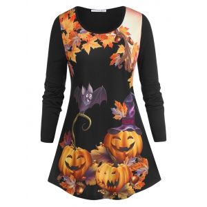 

Plus Size Halloween Funny Pumpkin and Bat Print Tunic Tee, Black