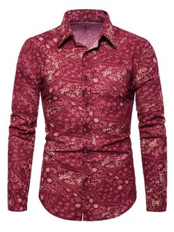 Tiny Flower Paisley Print Button Up Casual Shirt - RED - XS