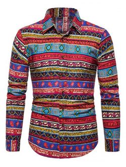 Ethnic Seamless Pattern Button Up Shirt - RED - XS
