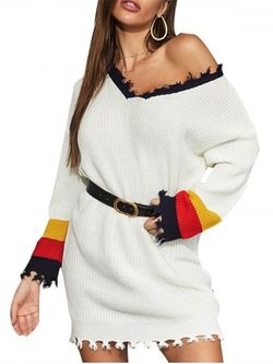 Frayed Trim Colorblock Sweater Dress - WHITE - L