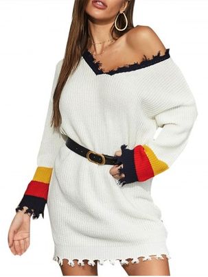 Frayed Trim Colorblock Sweater Dress