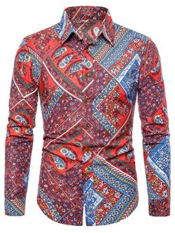 Floral Paisley Print Turn-down Collar Casual Shirt - RED - S