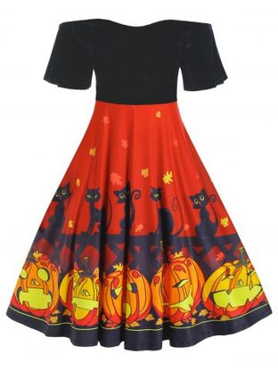 Plus Size Pumpkin Cat Print Velour Flutter Sleeve Dress