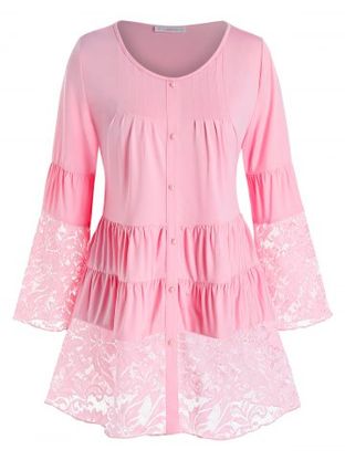 Plus Size Lace Panel Tiered Ruched Flare Sleeve Blouse