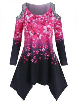 T-shirt Mouchoir Fleur à Epaule Dénudée de Grande Taille à Paillettes - BLACK - 4X