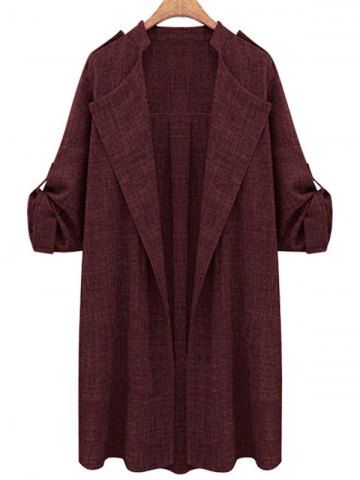 Plus Size Open Front Roll Up Sleeve Coat - DEEP RED - XL