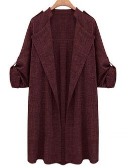 Plus Size Open Front Roll Up Sleeve Coat - DEEP RED - 3XL