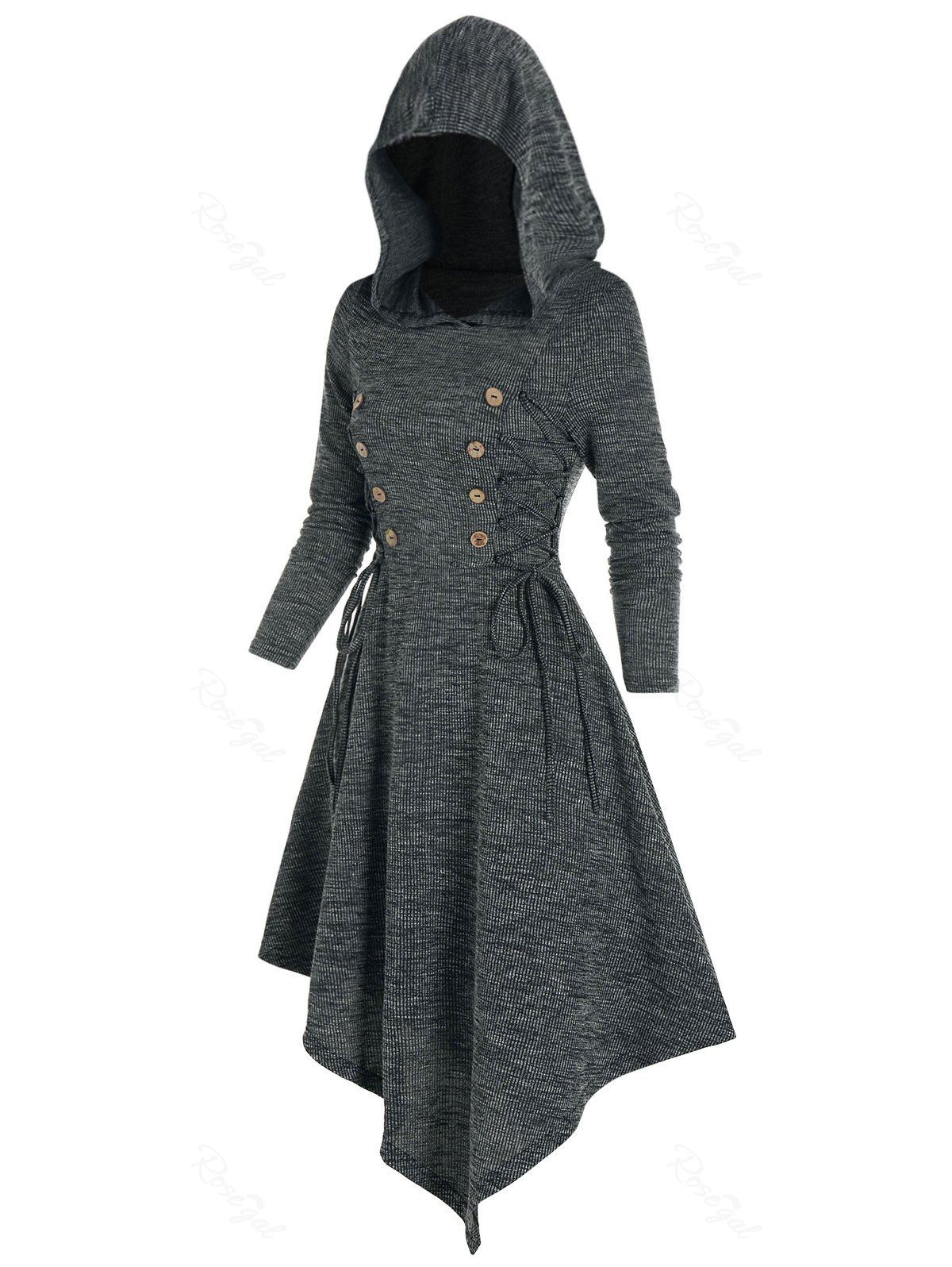 

Lace Up Mock Button Hooded Asymmetrical Dress, Ash gray