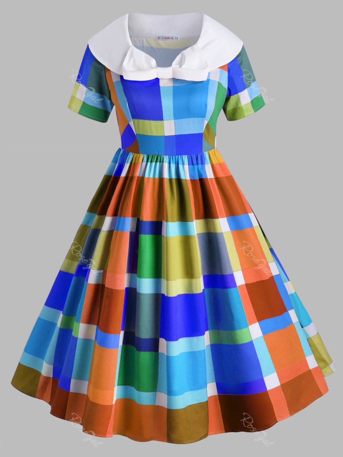 Outfits Colorful Plaid Bowknot Collar Plus Size Vintage Dress  