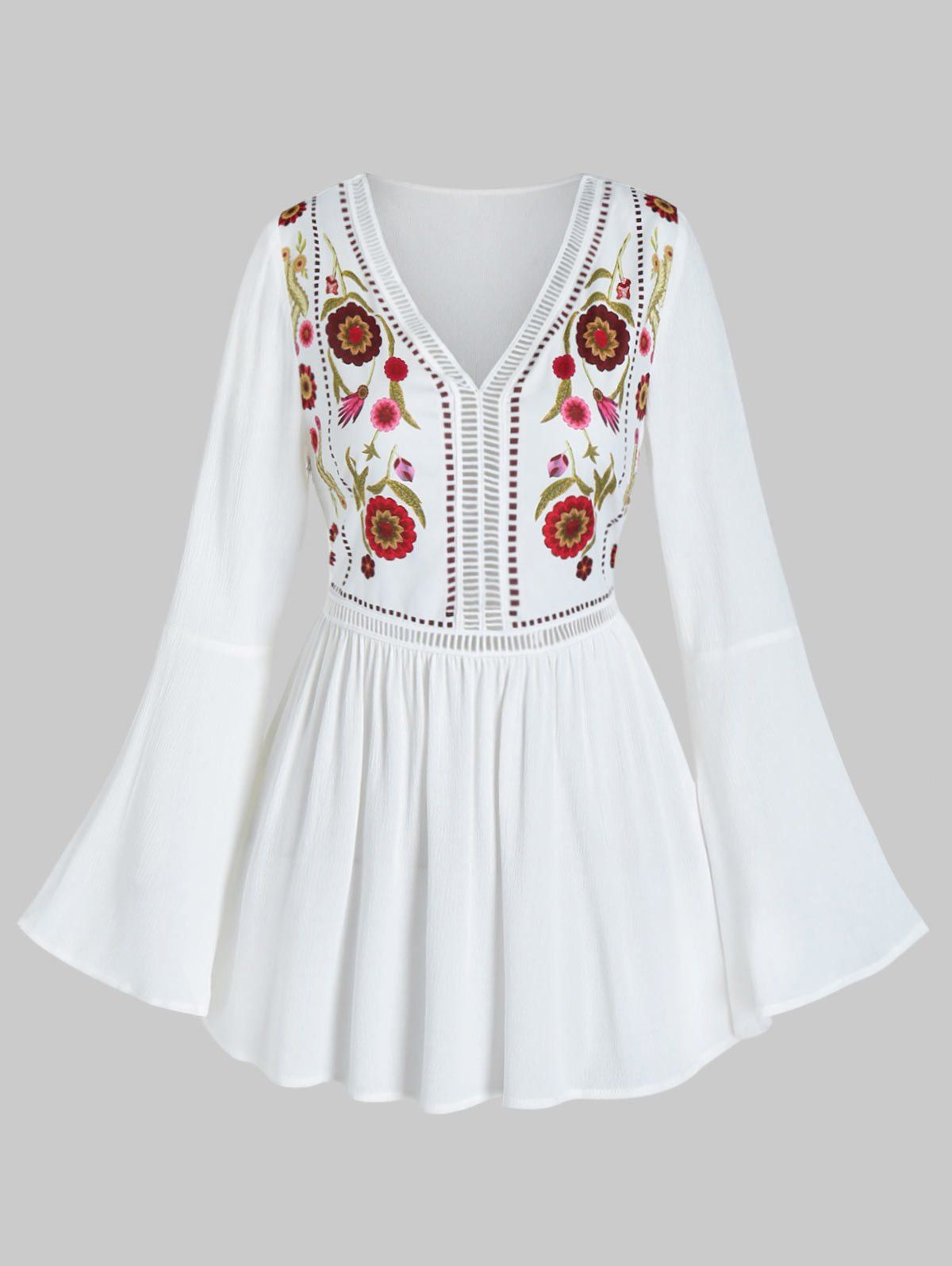 

Floral Print V Neck Hollow Out Longline Blouse, White