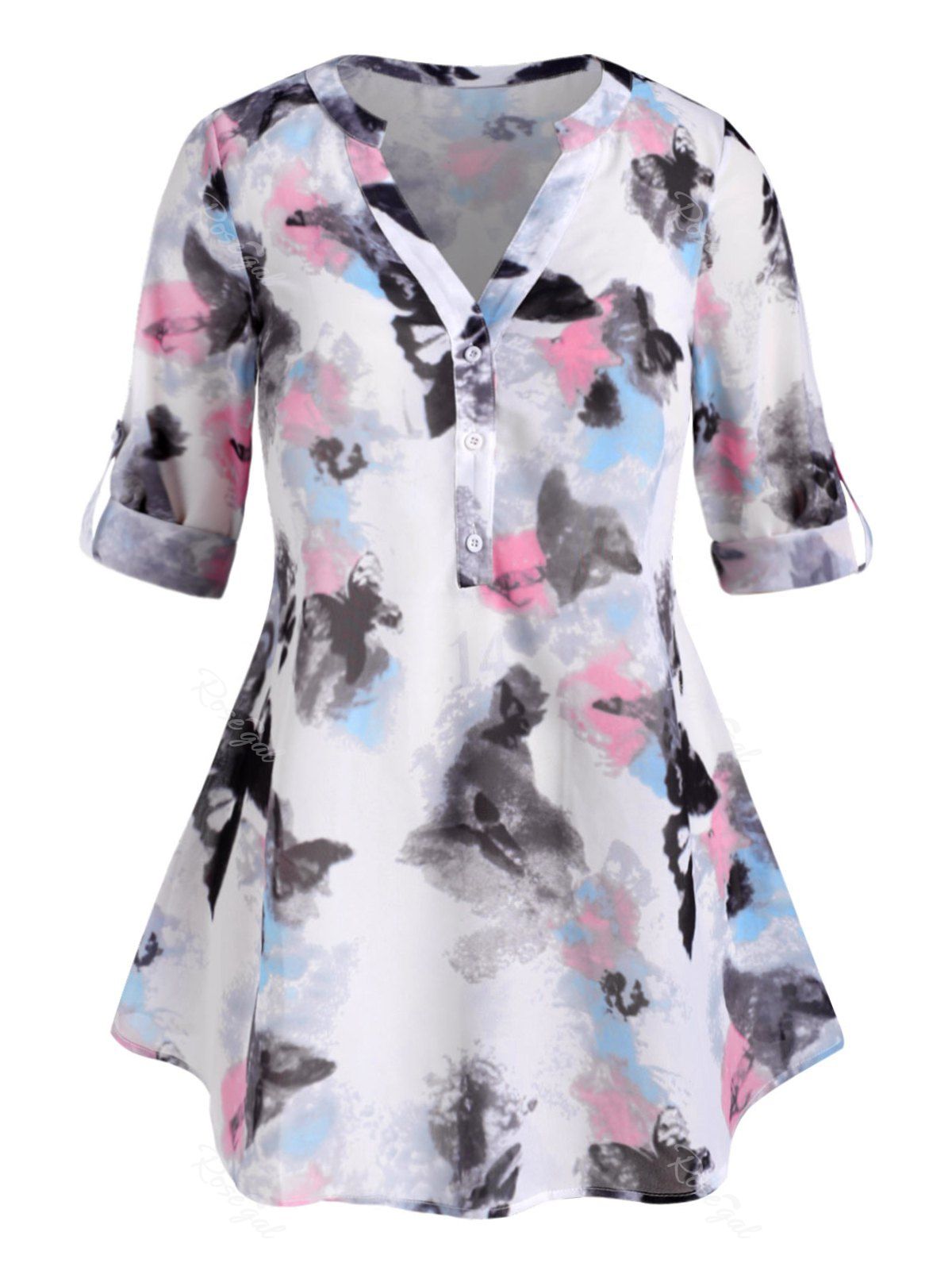 

Button Front Abstract Butterfly Print Plus Size Top, White