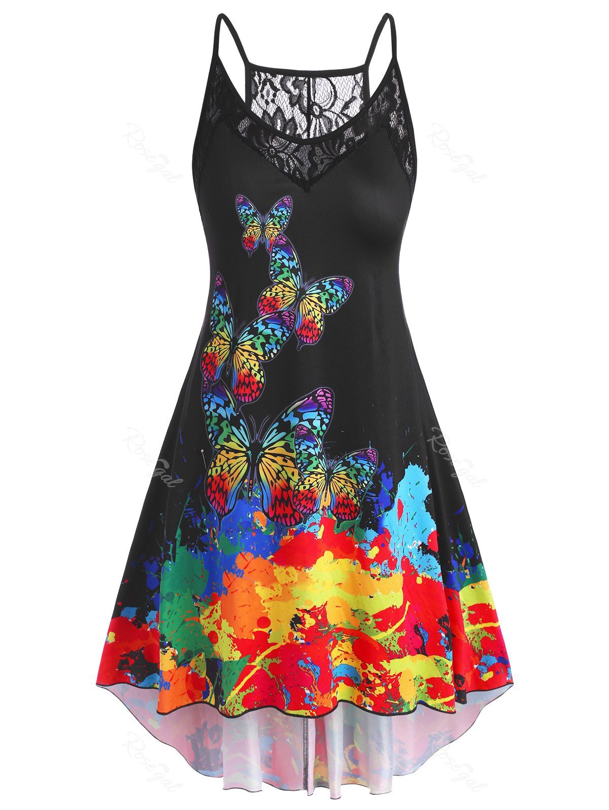 

Lace Panel High Low Tie Dye Butterfly Plus Size Dress, Black