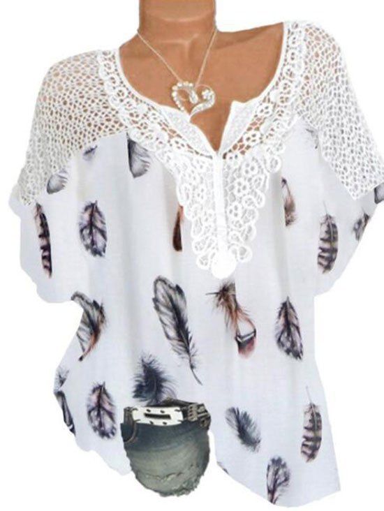 Plus Size Floral Feather Print Lace Insert Top