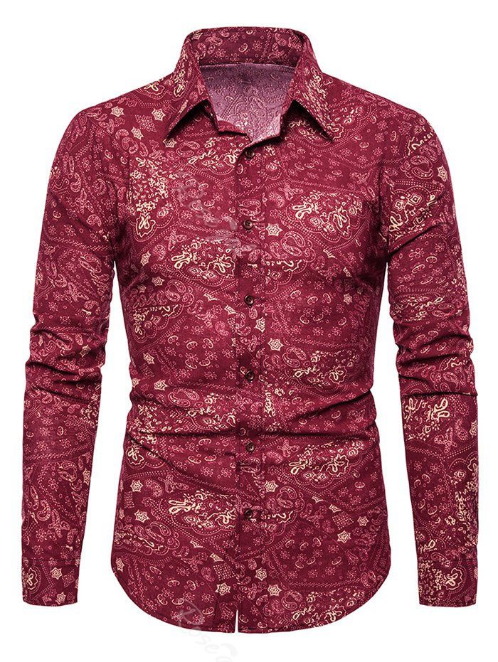 

Tiny Flower Paisley Print Button Up Casual Shirt, Red